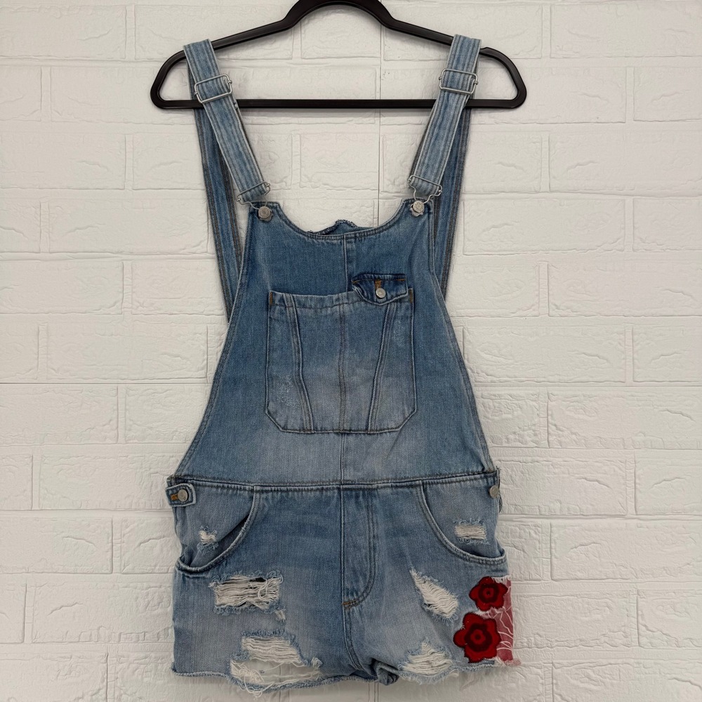 Zara Denim Shortalls Womens Medium Distressed Floral Embroidered Light Wash Jean